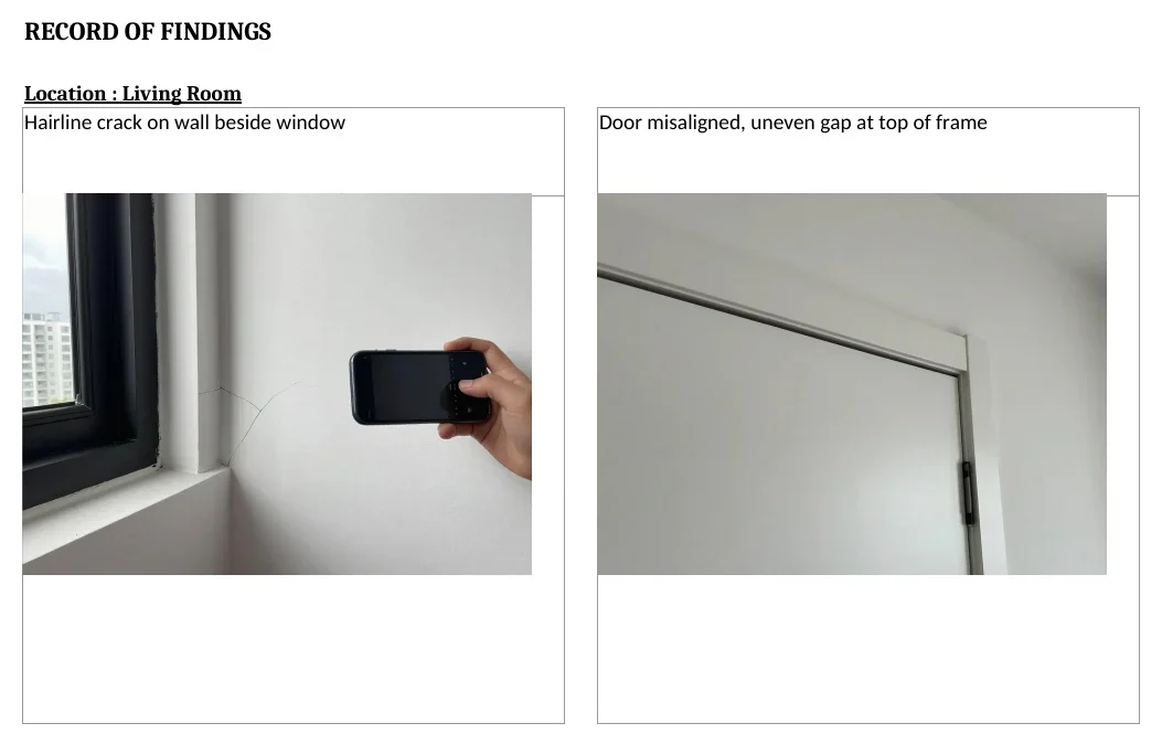 Record of Finding page: two defect photos side by side, each with its description